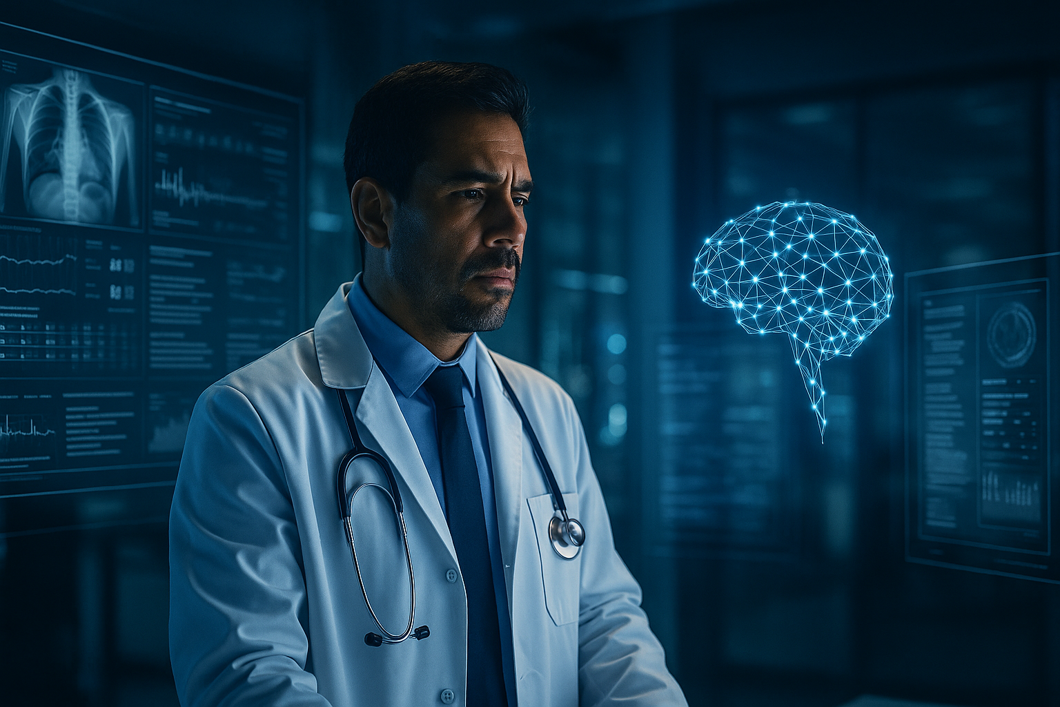 Médico utilizando inteligência artificial na prática clínica - IA na medicina brasileira